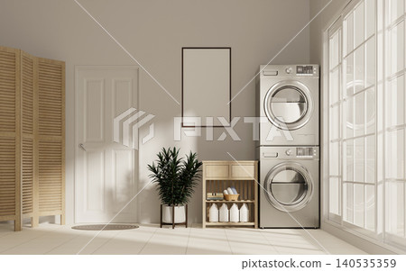 Sustainability in laundry room setup showcasing contemporary style. 3D render illustration Sustainability in laundry room setup showcasing contemporary style. 3D render illustration 140535359