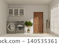 Sustainability in laundry room featuring modern appliances and cozy aesthetics. 3D render illustration 140535361
