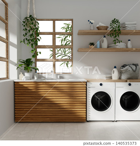 Sustainability in laundry room design featuring eco-friendly elements. 3D render illustration Sustainability in laundry room design featuring eco-friendly elements. 3D render illustration 140535373