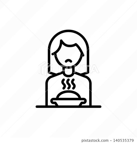Loss of appetite thin line icon: sad woman sitting in front of plate. Vector illustration of neurosis symptom, depression. 140535379