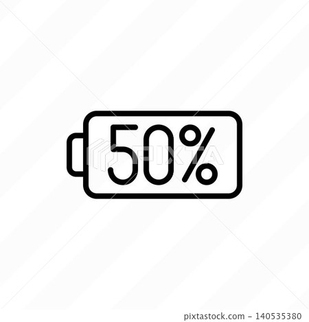 Half-charged battery showing exactly 50 percent energy level. Thin line icon. Medium power status bar, balanced accumulator symbol, and digital fuel indicator for mobile UI Half-charged battery showing exactly 50 percent energy level. Thin line icon. Medium power status bar, balanced accumulator symbol, and digital fuel indicator for mobile UI 140535380