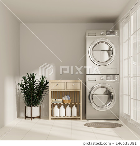 Sustainability in laundry room layout with sleek design aesthetics. 3D render illustration Sustainability in laundry room layout with sleek design aesthetics. 3D render illustration 140535381