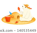 A polar bear playing in the sand on the beach 140535449