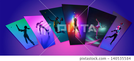 Dynamic sports collage with athletes in neon gradient panels representing motion energy and competition Dynamic sports collage with athletes in neon gradient panels representing motion energy and competition 140535584