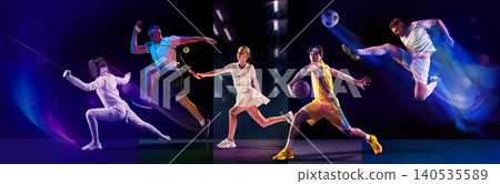 Athletes performing tennis basketball soccer and dynamic moves in dark studio with dramatic lighting. Banner Athletes performing tennis basketball soccer and dynamic moves in dark studio with dramatic lighting. Banner 140535589