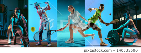 Horizontal collage of athletes in action showing tennis basketball soccer and dynamic motion effects. Banner Horizontal collage of athletes in action showing tennis basketball soccer and dynamic motion effects. Banner 140535590