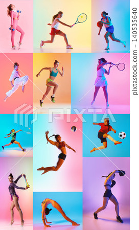 Female athletes performing fitness tennis boxing and gymnastics in colorful studio collage representing active lifestyle 140535640