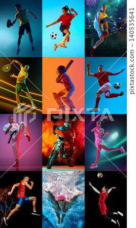 Multi sport collage with athletes performing tennis soccer basketball motocross and martial arts in studio Multi sport collage with athletes performing tennis soccer basketball motocross and martial arts in studio 140535641