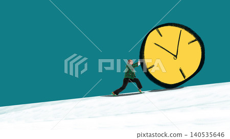 Woman pushing large hand drawn illustrated clock uphill symbolizing time struggle and effort to keep up Woman pushing large hand drawn illustrated clock uphill symbolizing time struggle and effort to keep up 140535646