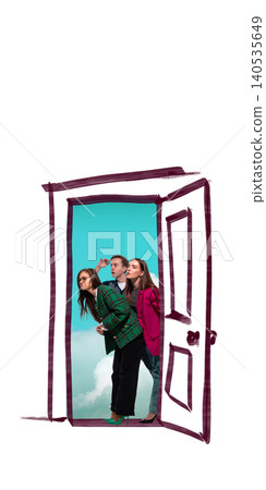 Group of people leaning forward inside drawn doorway symbolizing curiosity and uncertainty 140535649