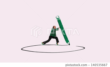 Woman pushing oversized pencil drawing circle symbolizing creativity and productivity effort Woman pushing oversized pencil drawing circle symbolizing creativity and productivity effort 140535667