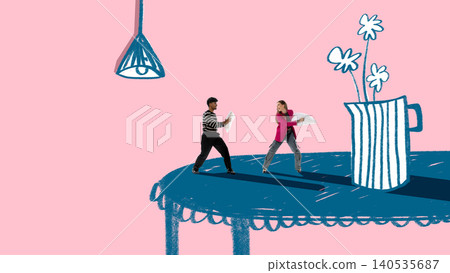 Couple fighting with pillows on surreal drawn table scene symbolizing relationship conflict Couple fighting with pillows on surreal drawn table scene symbolizing relationship conflict 140535687