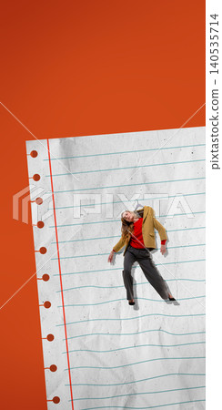 Businesswoman in jacket on hanger on notebook paper background symbolizing burnout fatigue and overload Businesswoman in jacket on hanger on notebook paper background symbolizing burnout fatigue and overload 140535714