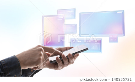 Hands using smartphone with holographic interface panels in modern UX environment on clean background. Hands using smartphone with holographic interface panels in modern UX environment on clean background. 140535721