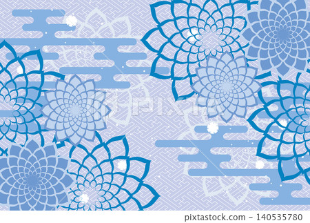 Japanese pattern background: Sayagata pattern with flowers - blue Japanese pattern background: Sayagata pattern with flowers - blue 140535780