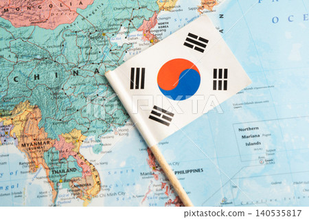 Bangkok, Thailand November, 2024 South Korea flag on world map. Bangkok, Thailand November, 2024 South Korea flag on world map. 140535817