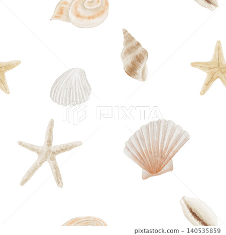 水彩插畫風格的無縫圖案，描繪了貝殼、海星和珊瑚。 140535859