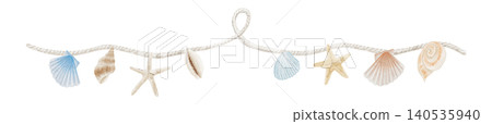 Watercolor illustration: Seashells and white cotton rope 140535940
