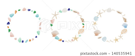 Watercolor illustration: Colorful summer beach with seashell frame Watercolor illustration: Colorful summer beach with seashell frame 140535941