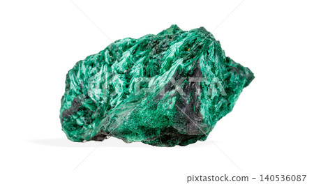 Vibrant green malachite crystal specimen with rich banding patterns isolated on white background 140536087