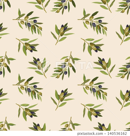 legant seamless pattern with hand drawn olive branches and ripe olives on soft cream background. Mediterranean botanical vector design for packaging, textiles, wallpaper and branding 140536162