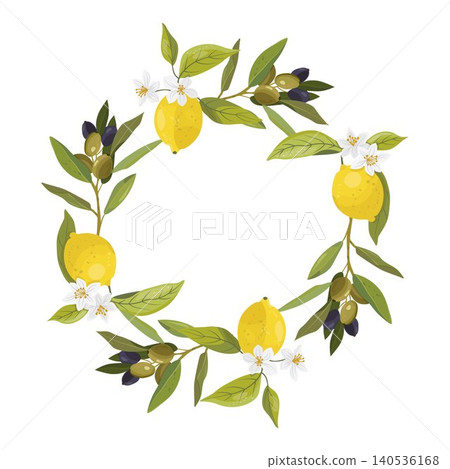 Mediterranean wreath with lemons, olive branches and citrus blossoms isolated on transparent background. Botanical vector frame in Amalfi Coast style for packaging, branding and labels. Mediterranean wreath with lemons, olive branches and citrus blossoms isolated on transparent background. Botanical vector frame in Amalfi Coast style for packaging, branding and labels. 140536168