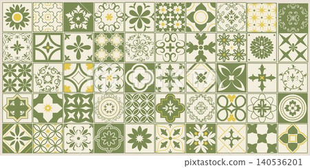 Hand drawn Mediterranean ceramic tile set in modern coastal boho style. Olive green floral and geometric mosaics inspired by Italian and Portuguese interiors, perfect for decor and branding. Hand drawn Mediterranean ceramic tile set in modern coastal boho style. Olive green floral and geometric mosaics inspired by Italian and Portuguese interiors, perfect for decor and branding. 140536201