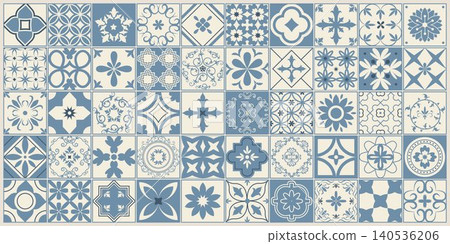 Mediterranean tile collection in trendy dusty blue and cream palette. Coastal ceramic mosaic set inspired by Italian and Portuguese decor. Perfect for wallpaper, textile and branding. Mediterranean tile collection in trendy dusty blue and cream palette. Coastal ceramic mosaic set inspired by Italian and Portuguese decor. Perfect for wallpaper, textile and branding. 140536206