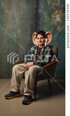 Boy with oversized ears and earbuds sits calmly in chair against textured wall. Boy with oversized ears and earbuds sits calmly in chair against textured wall. 140536306