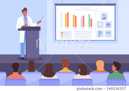 Medical conference. Male Doctor scientist on stage demonstrates result of study or research Medical conference. Male Doctor scientist on stage demonstrates result of study or research 140536357