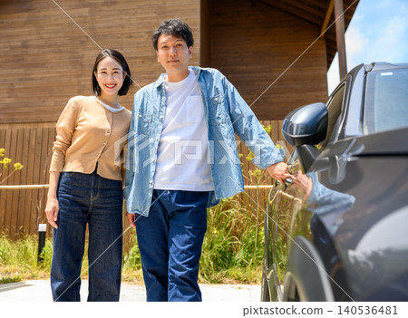 一對夫婦站在一輛車前，背景是一棟建築物。 140536481