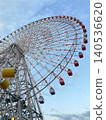 Ferris Wheel Against Blue Sky at Amusement Park from Low Angle View, copy space no people. 140536620