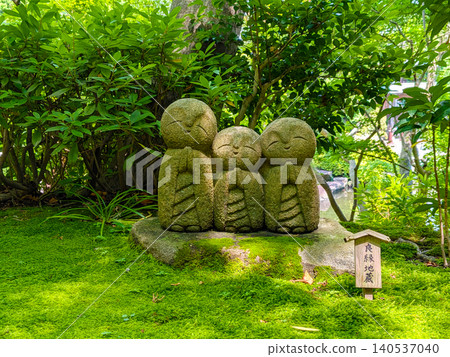 The Jizo statue for finding love stands amidst the beautiful moss garden of Hase-dera Temple in Kamakura, surrounded by the vibrant new greenery of early summer. The Jizo statue for finding love stands amidst the beautiful moss garden of Hase-dera Temple in Kamakura, surrounded by the vibrant new greenery of early summer. 140537040