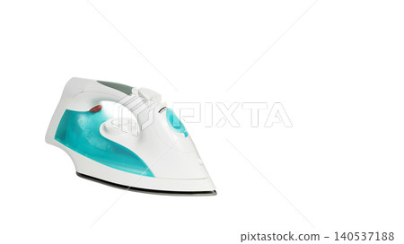 electric machine for ironing with turquoise plastic tank turned left side on white background electric machine for ironing with turquoise plastic tank turned left side on white background 140537188