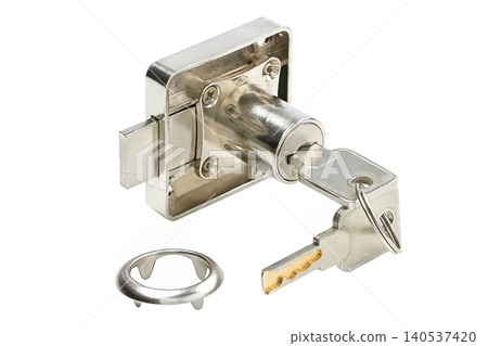 Key and lock set shown on a plain background with a bottle cap opener attached to the keyring 140537420
