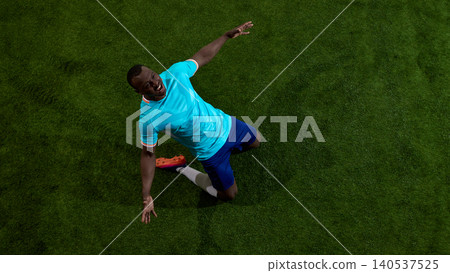 Overhead soccer player celebrating goal on green field with copy space Overhead soccer player celebrating goal on green field with copy space 140537525