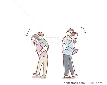 A set of illustrations depicting a father and mother carrying a baby boy on their backs. A set of illustrations depicting a father and mother carrying a baby boy on their backs. 140537750