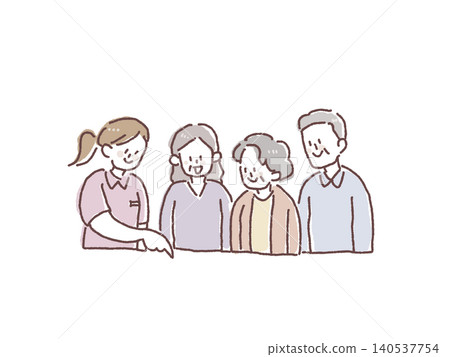 An illustration of a female caregiver pointing downwards to explain or guide an elderly person and their family. An illustration of a female caregiver pointing downwards to explain or guide an elderly person and their family. 140537754