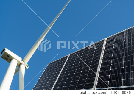 Solar panels and wind turbines. Sustainable energy concept Solar panels and wind turbines. Sustainable energy concept 140538026