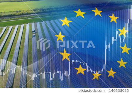 EU energy transition - European Union flag with rising growth graph over solar power plant EU energy transition - European Union flag with rising growth graph over solar power plant 140538035