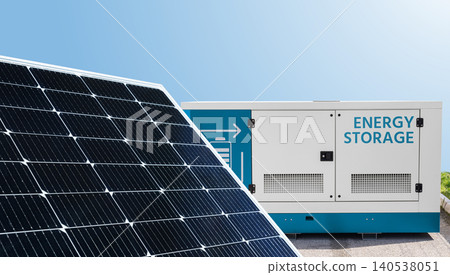 Solar panel with battery energy storage container in the background Solar panel with battery energy storage container in the background 140538051