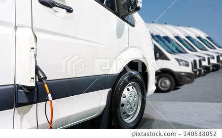 Close up of electric delivery van with connected charging cable 140538052