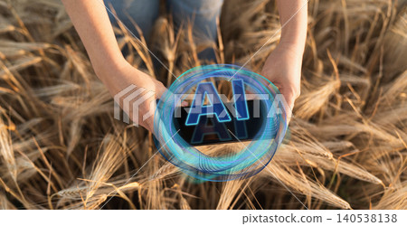 Farmer uses Artificial Intelligence for data analysing. Smart farming concept Farmer uses Artificial Intelligence for data analysing. Smart farming concept 140538138