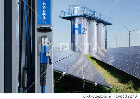 Hydrogen filling station with green hydrogen plant in the background 140538279