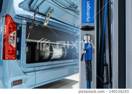 Hydrogen gas station and bus with an open hood and a hydrogen cylinder inside. Clean mobility concept. Hydrogen gas station and bus with an open hood and a hydrogen cylinder inside. Clean mobility concept. 140538283