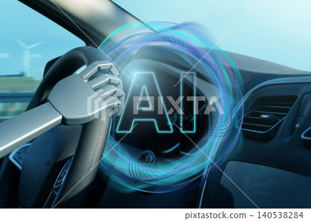 Self driving autonomous car with artificial intelligence technology on a road. Self driving autonomous car with artificial intelligence technology on a road. 140538284