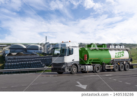 Truck with tank trailer with biofuel. Decarbonization concept. 140538286