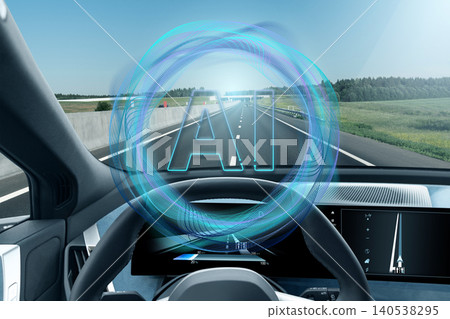 Self driving autonomous car with artificial intelligence technology on a road. Self driving autonomous car with artificial intelligence technology on a road. 140538295