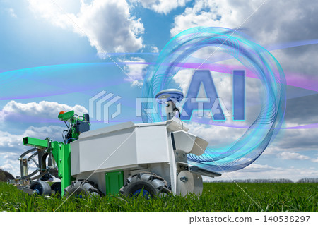 Autonomous robot with Artificial intelligence works on an agricultural field. Smart farming concept. Autonomous robot with Artificial intelligence works on an agricultural field. Smart farming concept. 140538297