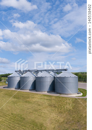 Aerial view of agricultural silos, grain elevator for storage and drying of cereals.. 140538402